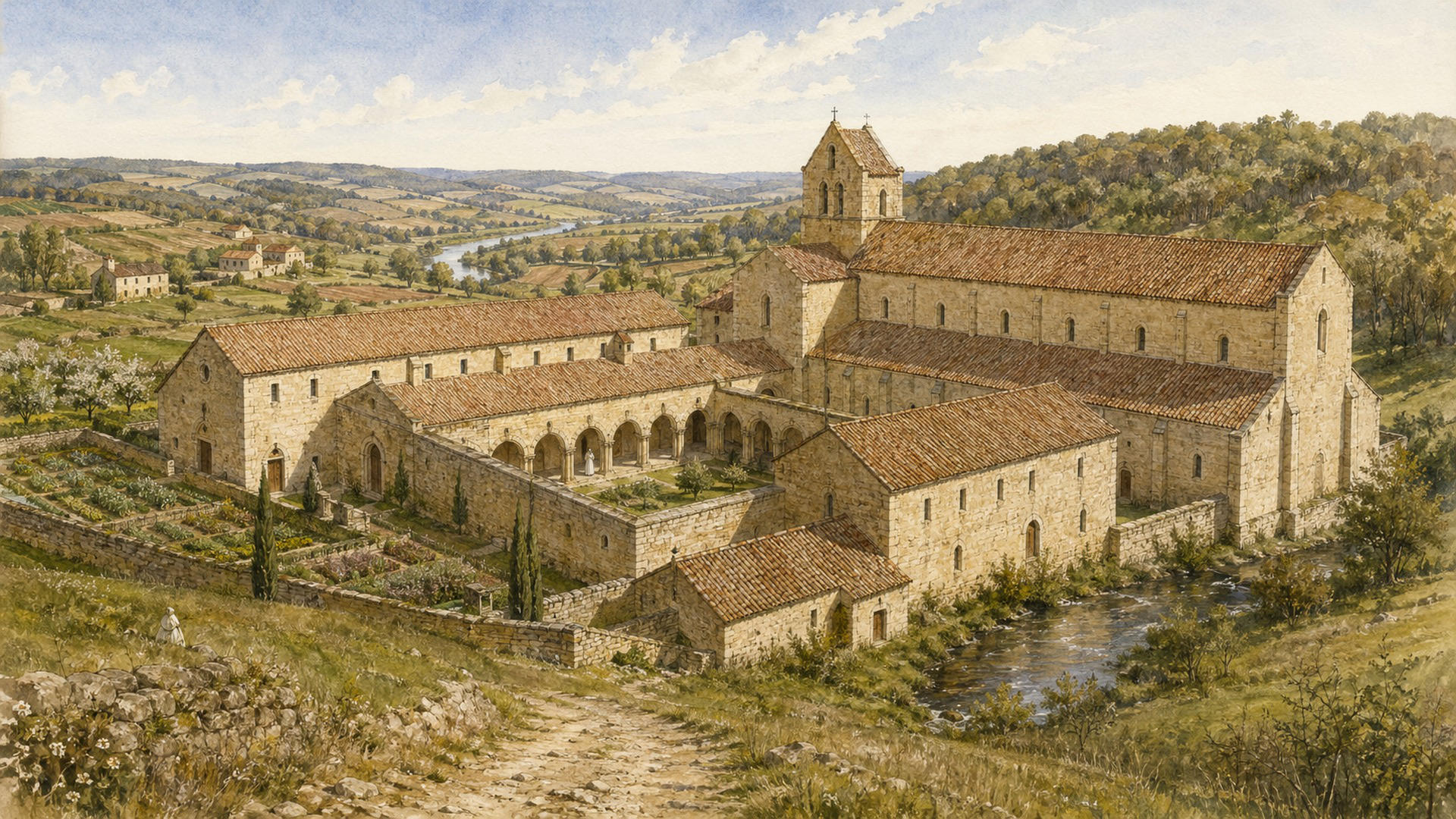Reconstitution évocatrice de l'abbaye cistercienne de Bouillas au XIIᵉ siècle