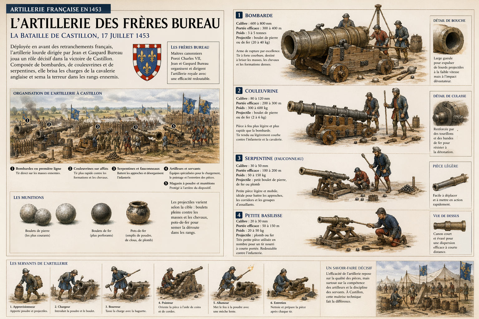 Planche documentaire sur l'artillerie des frères Bureau à la bataille de Castillon en 1453
