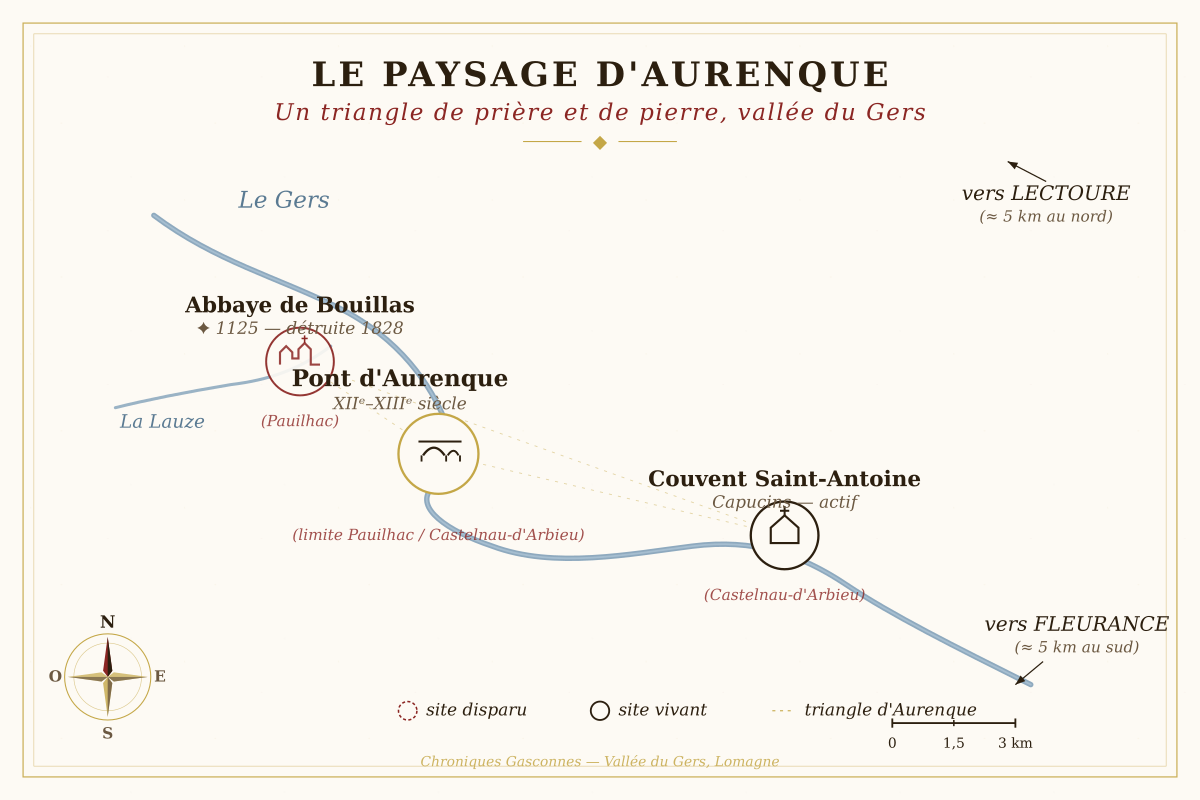 Carte du paysage d'Aurenque : abbaye de Bouillas, pont d'Aurenque et couvent Saint-Antoine dans la vallée du Gers