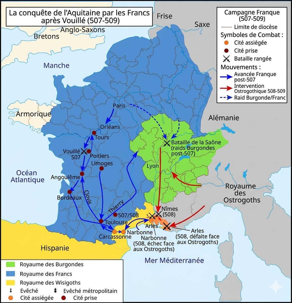 Carte de la campagne franque de 507 à partir de la bataille de Vouillé