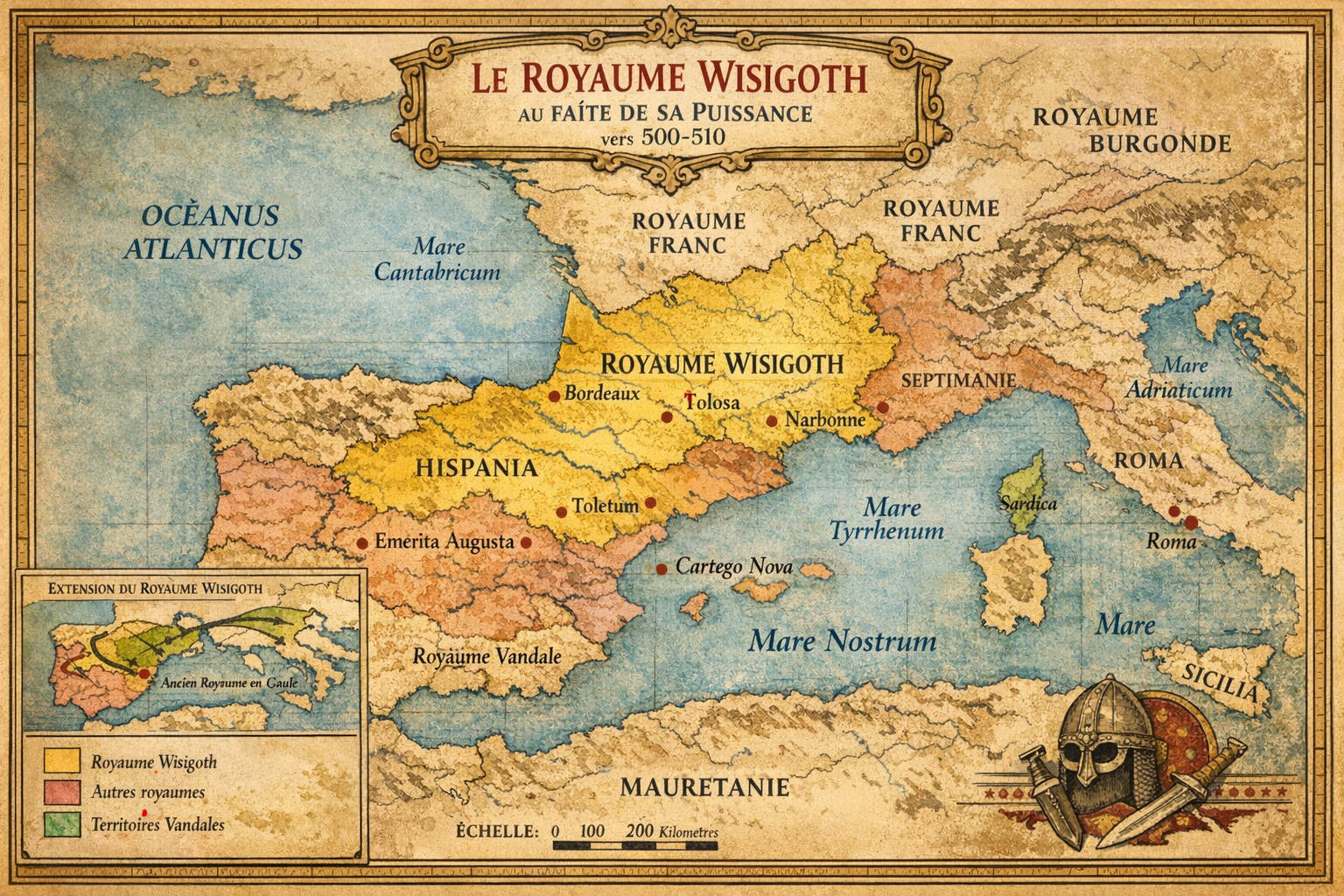 Carte du royaume wisigothique à son apogée, vers 500, de la Loire aux colonnes d'Hercule