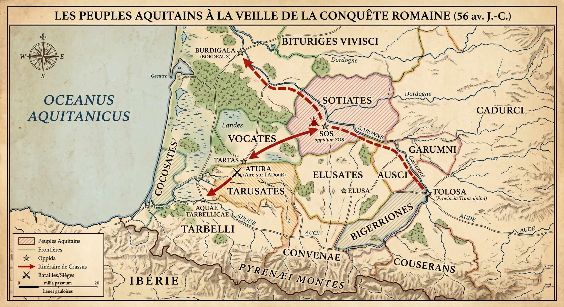 Carte des peuples aquitains à la veille de la conquête romaine en 56 avant J.-C.