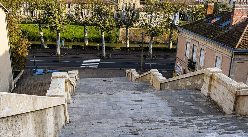 Vue en plongée de l'escalier d'Auch depuis le haut vers le Gers