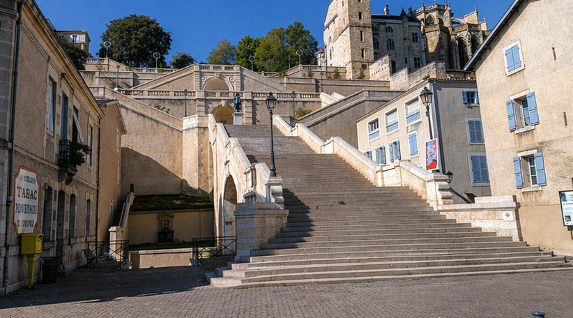 Escalier monumental d'Auch, vu depuis le bas avec la cathédrale et la tour d'Armagnac en surplomb