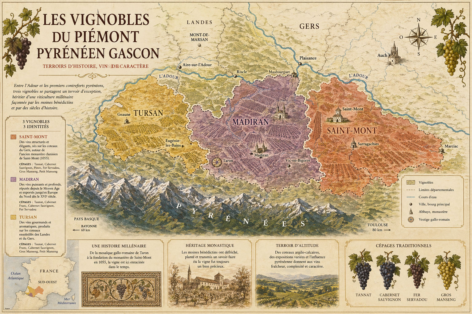 Carte patrimoniale des vignobles gascons du piémont pyrénéen : Tursan, Madiran et Saint-Mont