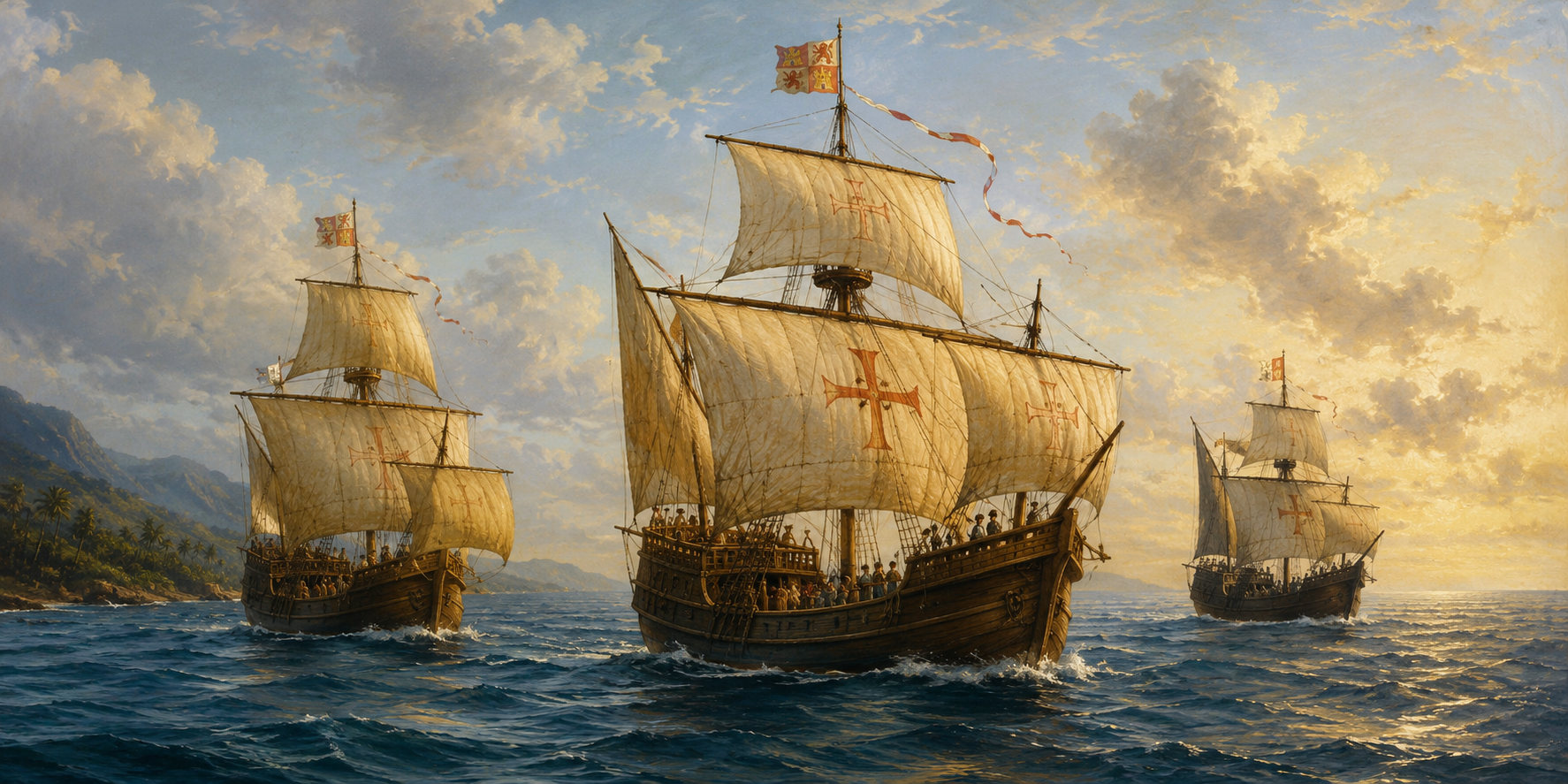Les trois caravelles de Christophe Colomb ouvrant la route de l’Ouest en 1492.