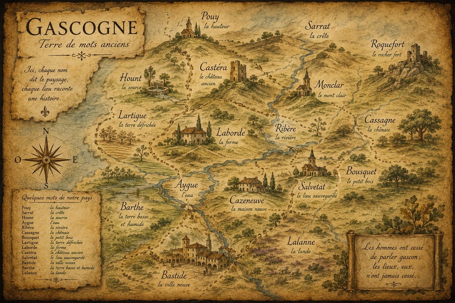 Carte sensible de la Gascogne et de ses noms anciens