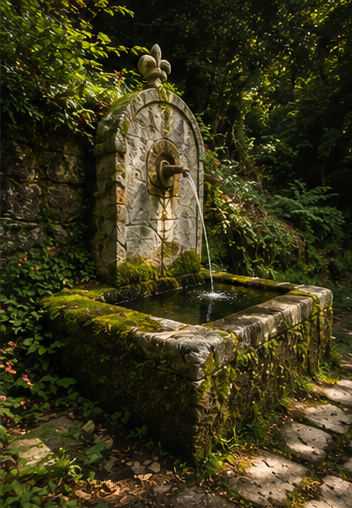 Fontaine ancienne et source moussue dans un sous-bois