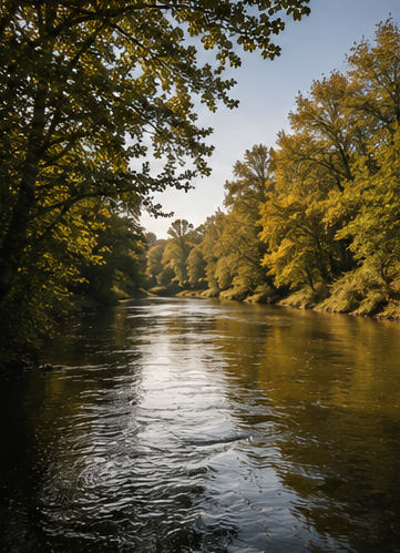 Rivière bordée d’arbres dans un paysage gascon