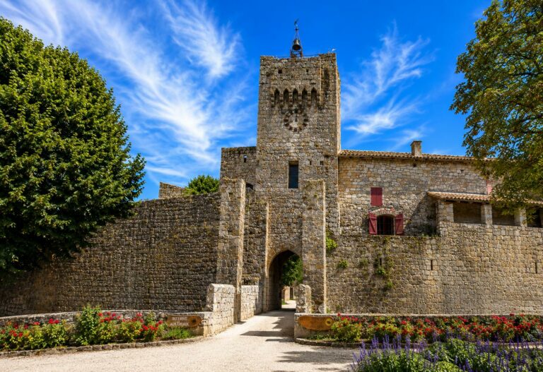 Vue de Larressingle, village fortifié du Gers, avec ses remparts médiévaux et ses vignes au premier plan