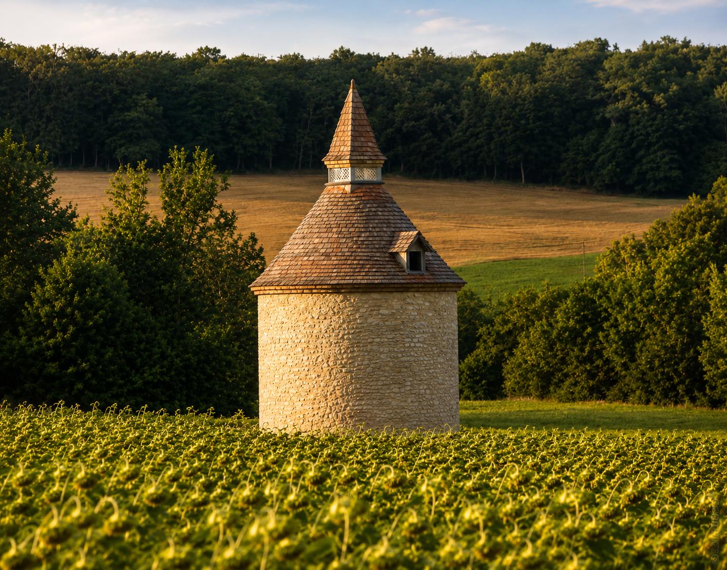 Pigeonnier gascon sur piliers dans un champ de colza, à la toiture étagée montant en flèche.