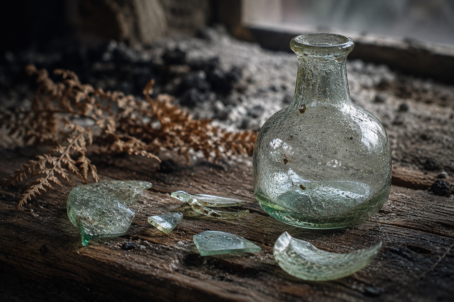 Bocal et tessons de verre verdâtre évoquant le verre de fougère