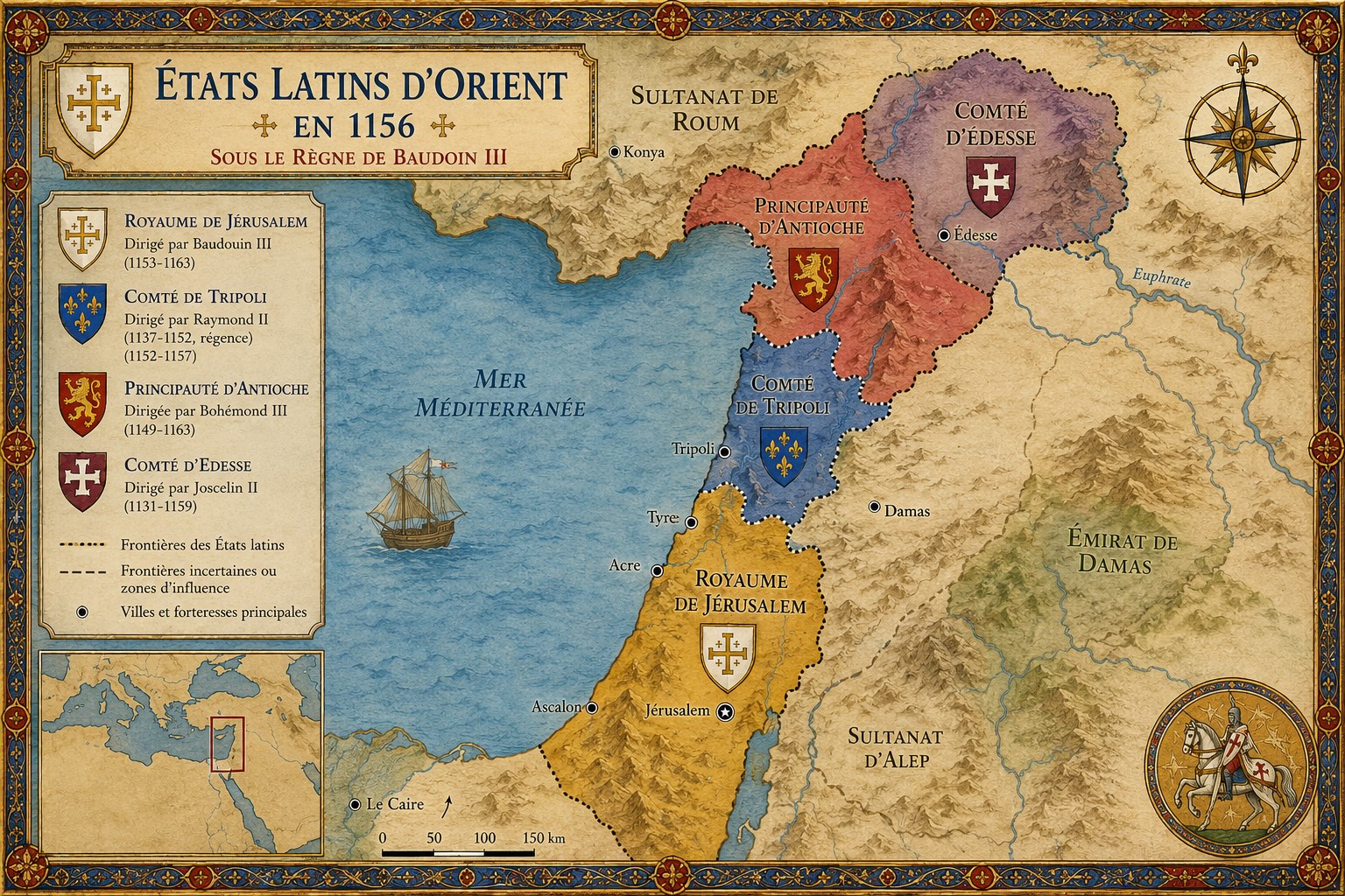 Carte des États latins d’Orient en 1156 sous le règne de Baudouin III