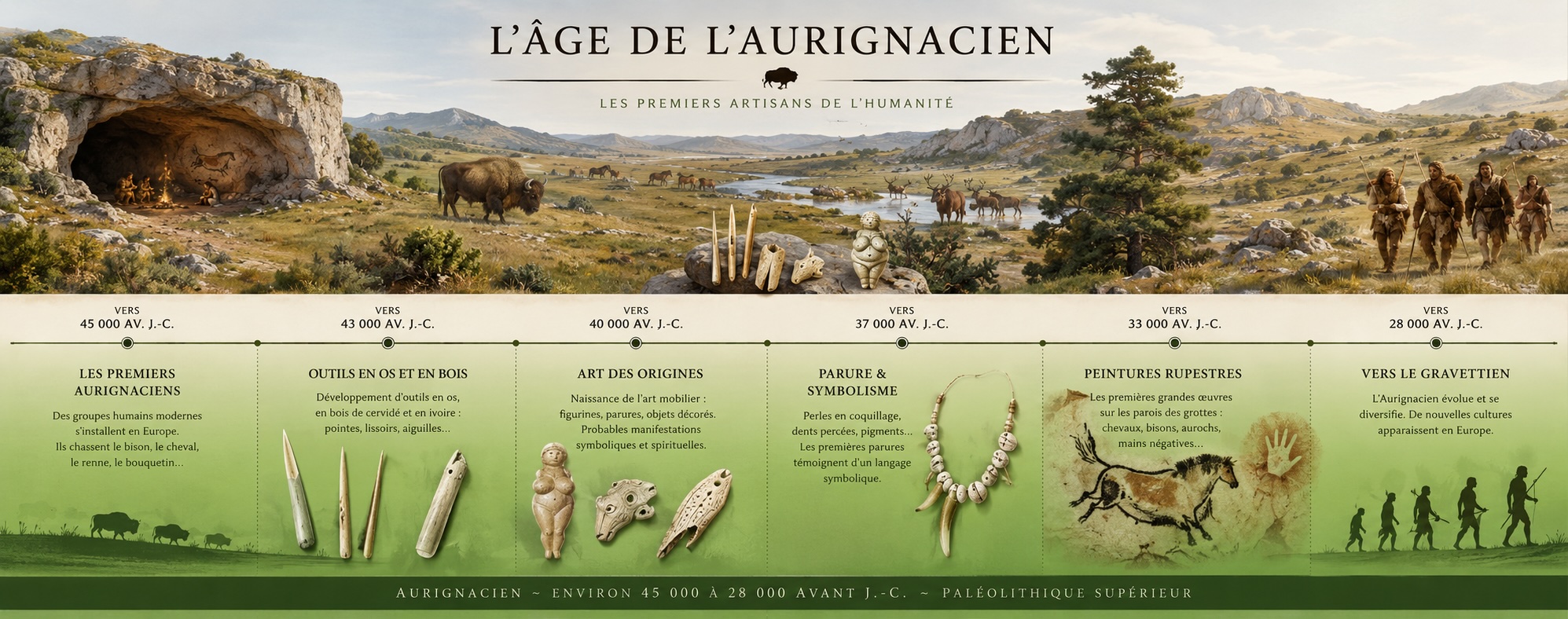 Frise chronologique illustrée de l'âge de l'Aurignacien