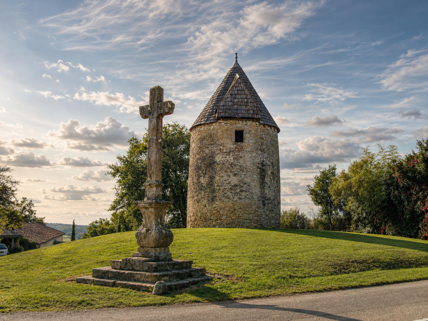 Croix de chemin à l'entrée de Lupiac, devant le vieux moulin