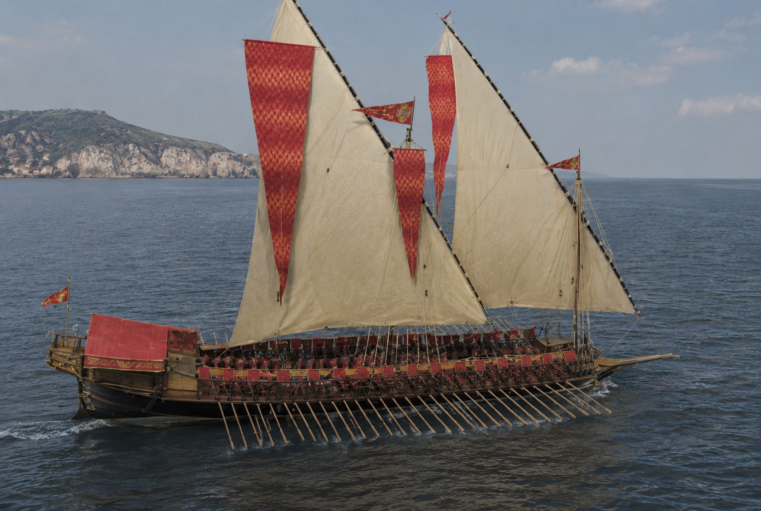 Reconstitution photoréaliste d’une galère du XVIe siècle en mer