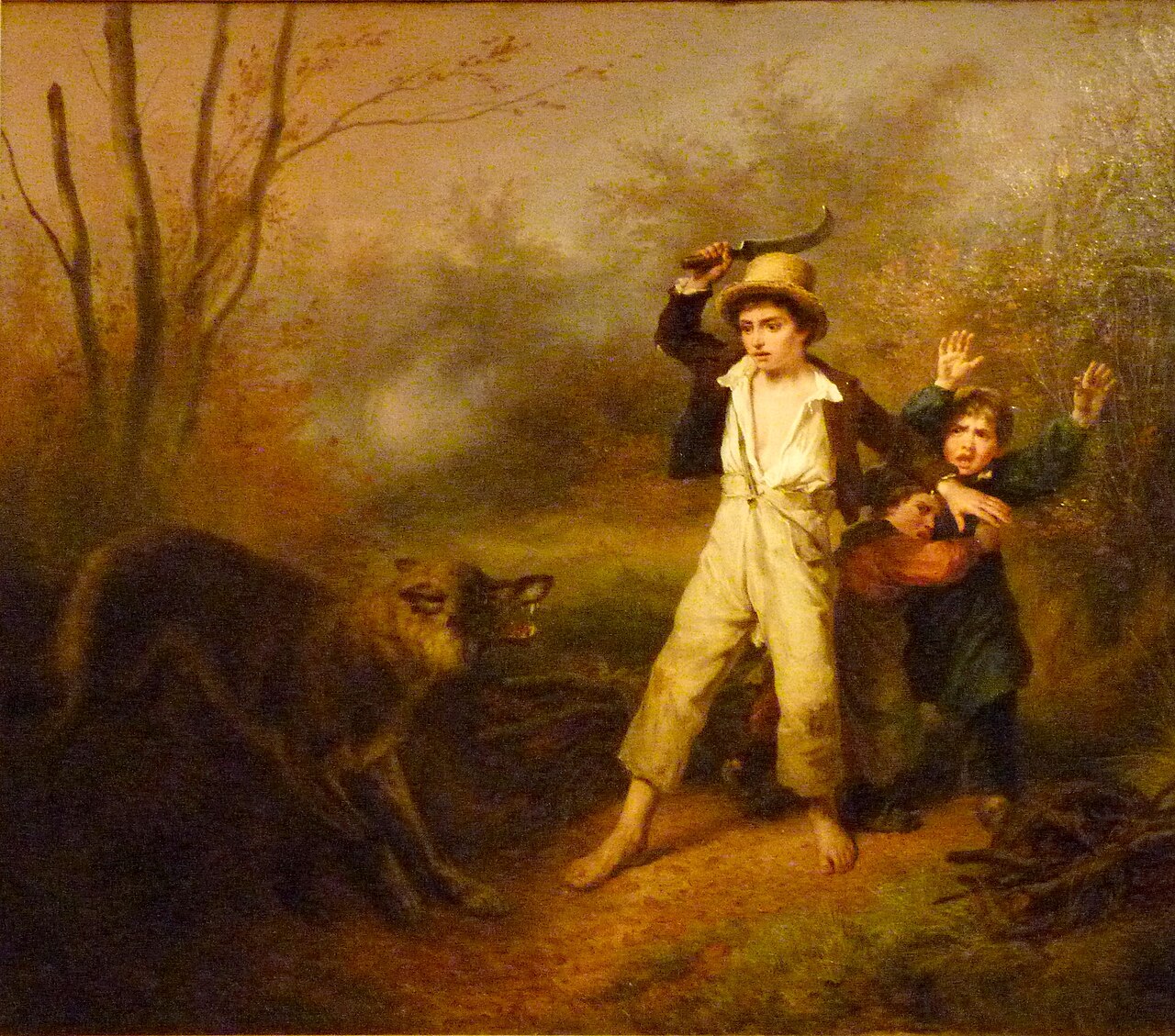Enfants paysans surpris par un loup dans une scène de gravure ancienne