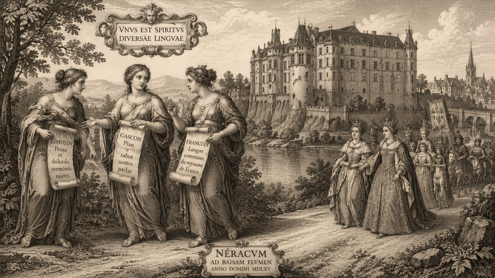 Allégorie Renaissance des trois nymphes devant le château de Nérac