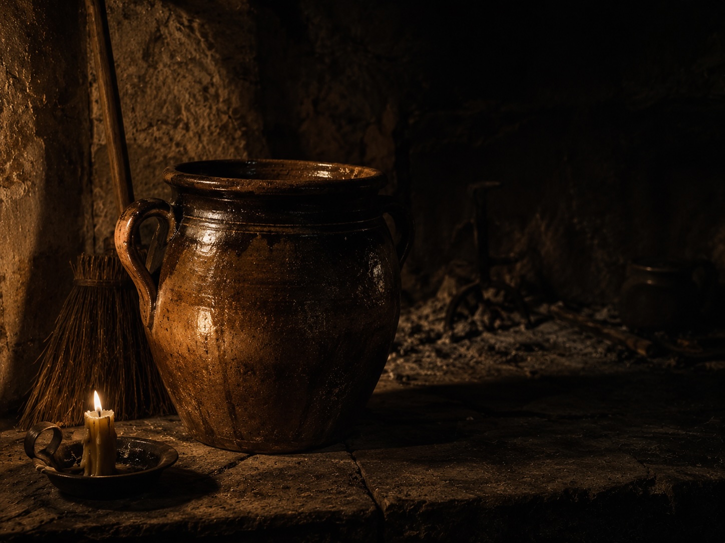 Vieux pot d’onguent dans une cuisine ancienne, près d’un âtre éteint