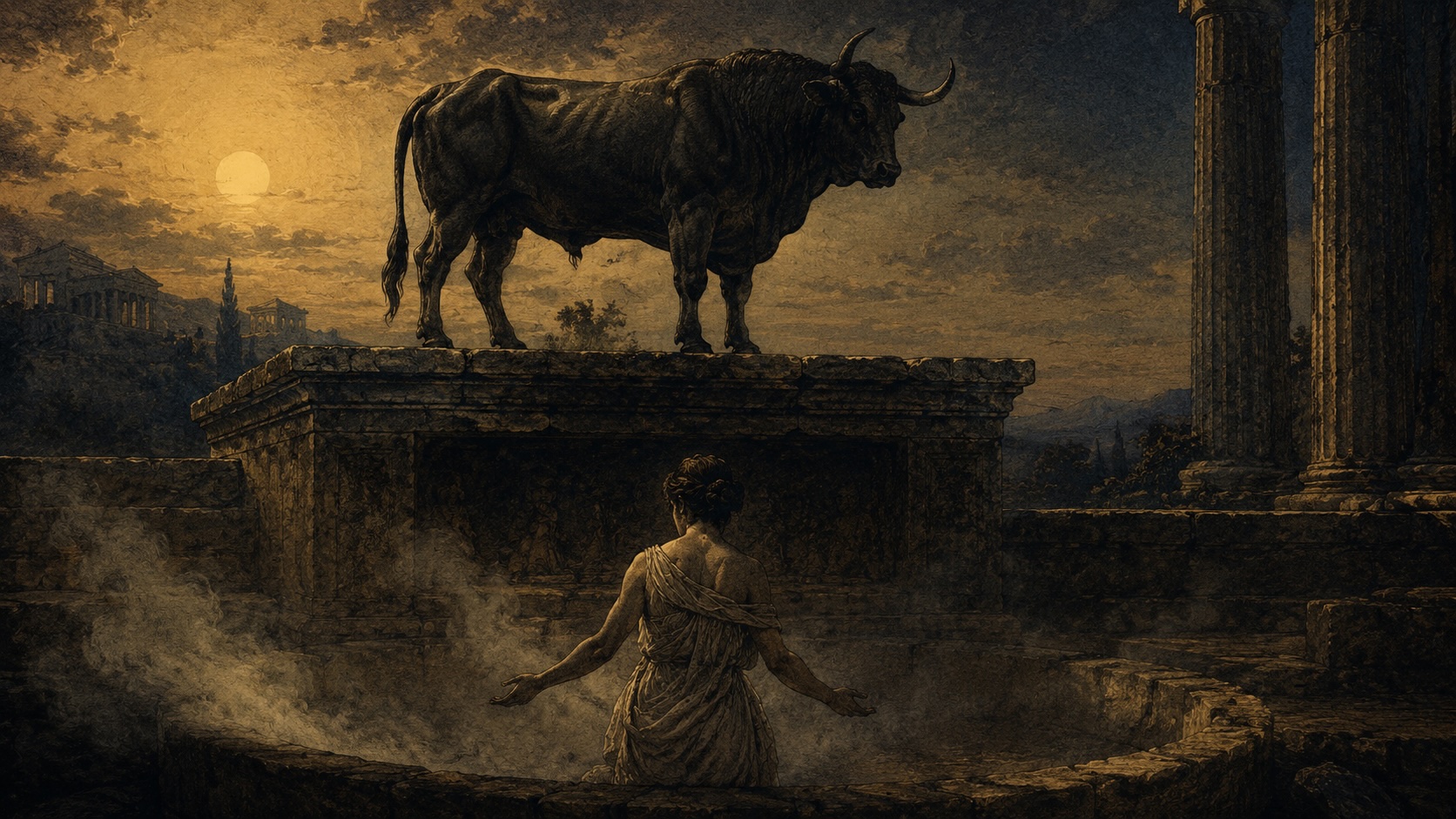 Évocation antique d’un taurobole, silhouette de taureau et figure féminine drapée