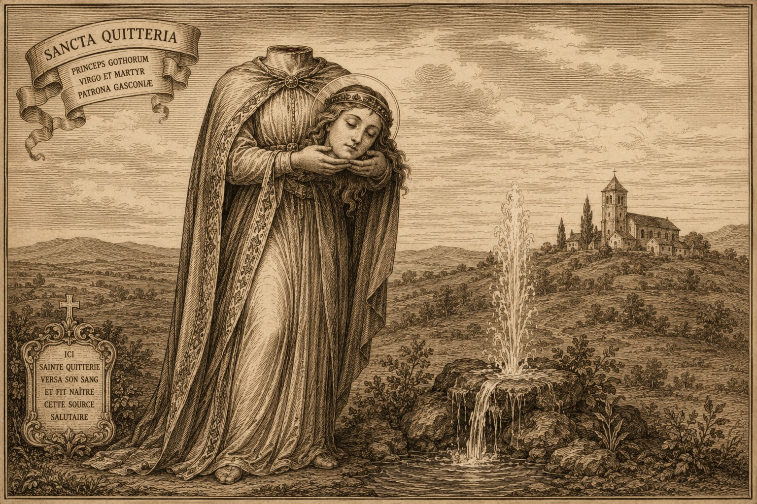 Sainte Quitterie tenant sa tête près d'une source, gravure hagiographique