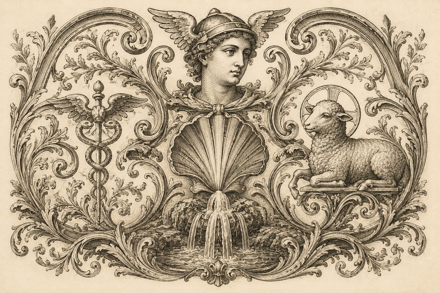Vignette gravée décorative mêlant Mercure, coquille, source et agneau