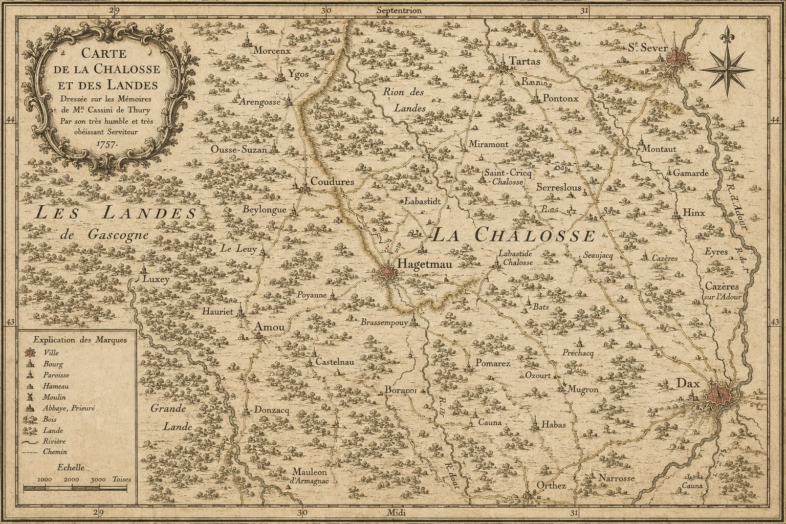 Carte ancienne de la Chalosse et des Landes