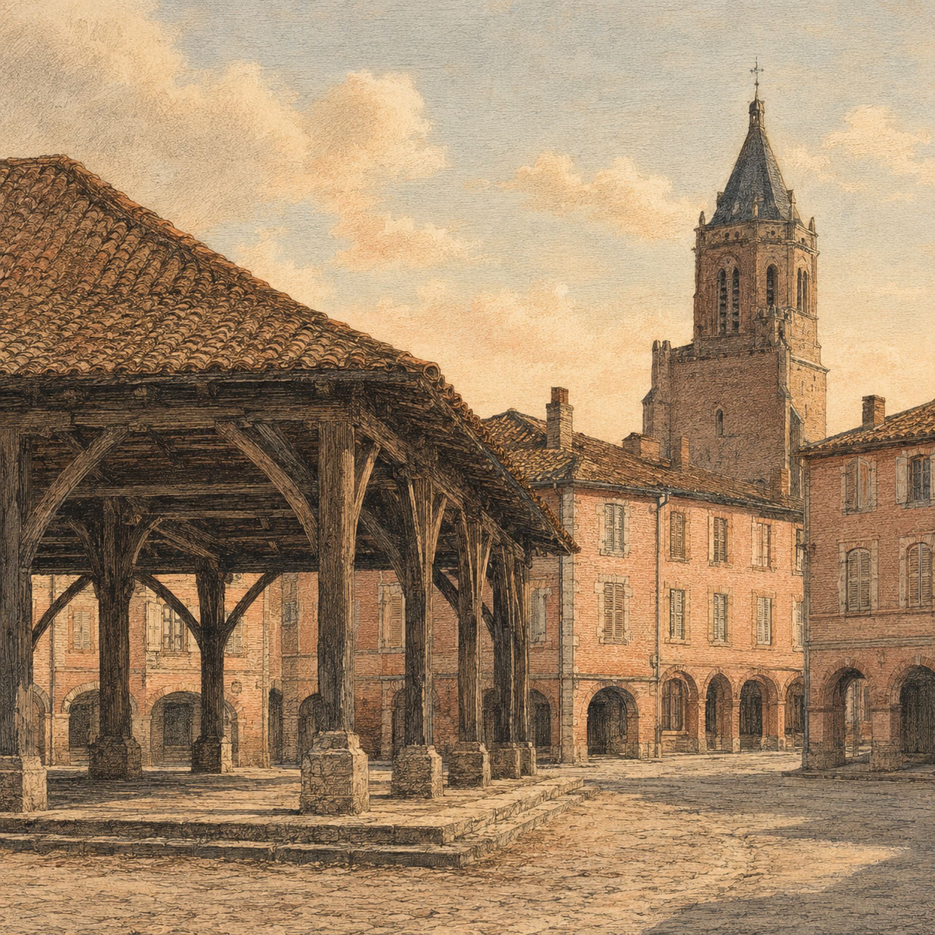 Évocation ancienne de la halle et des maisons de brique de Beaumont-de-Lomagne
