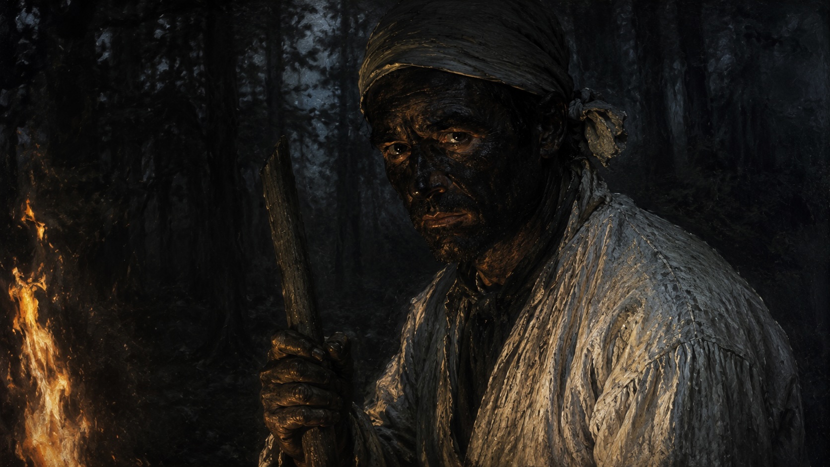 Paysan du Couserans grimé en Demoiselle, visage noirci de suie, dans une forêt nocturne