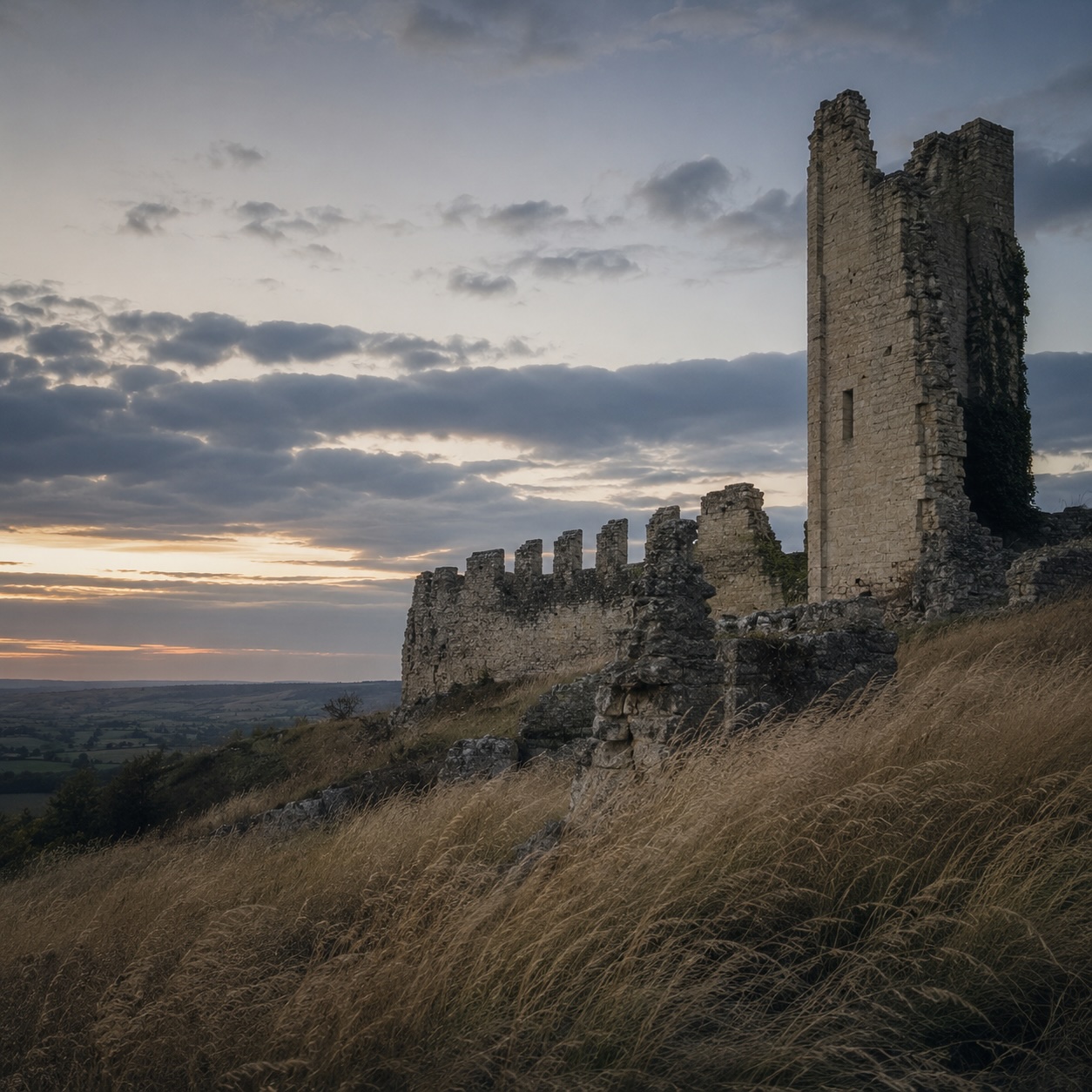 Ruines d'un château gascon sur un coteau au crépuscule