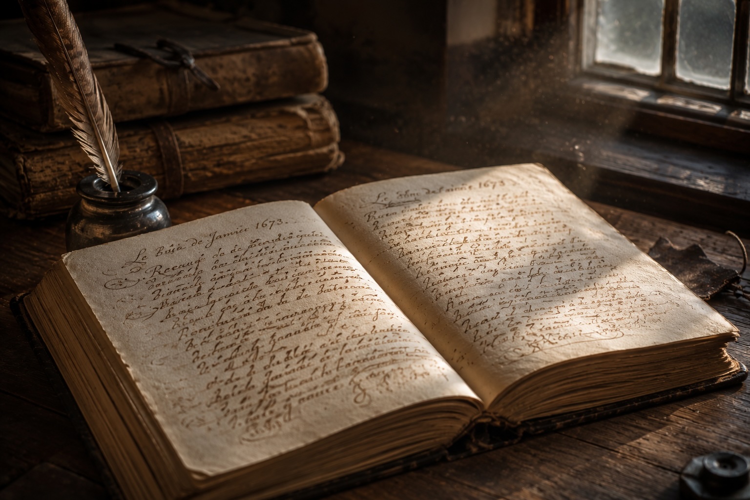 Vieux cahier manuscrit ouvert sur une table de bois