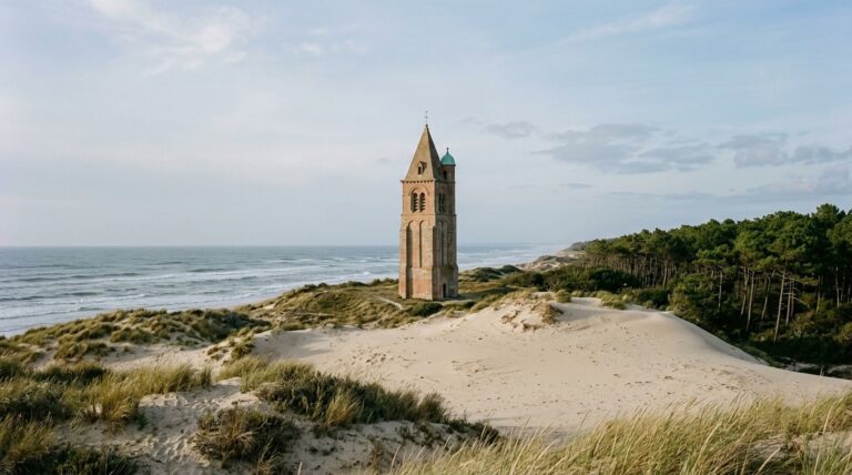 Le clocher de Mimizan et la mer de sable