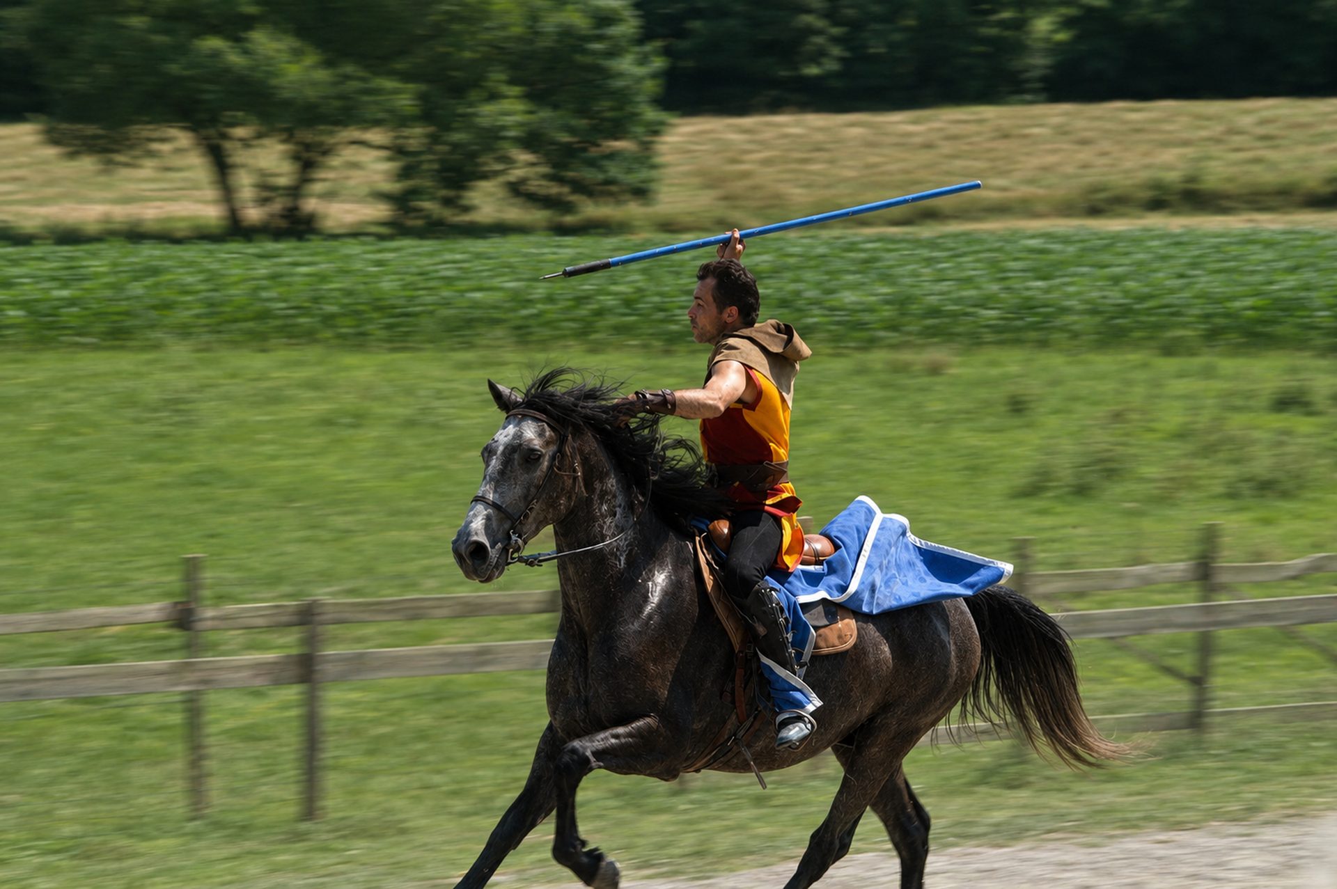 Cavalier brandissant une lance bleue sur un cheval noir lancé au galop