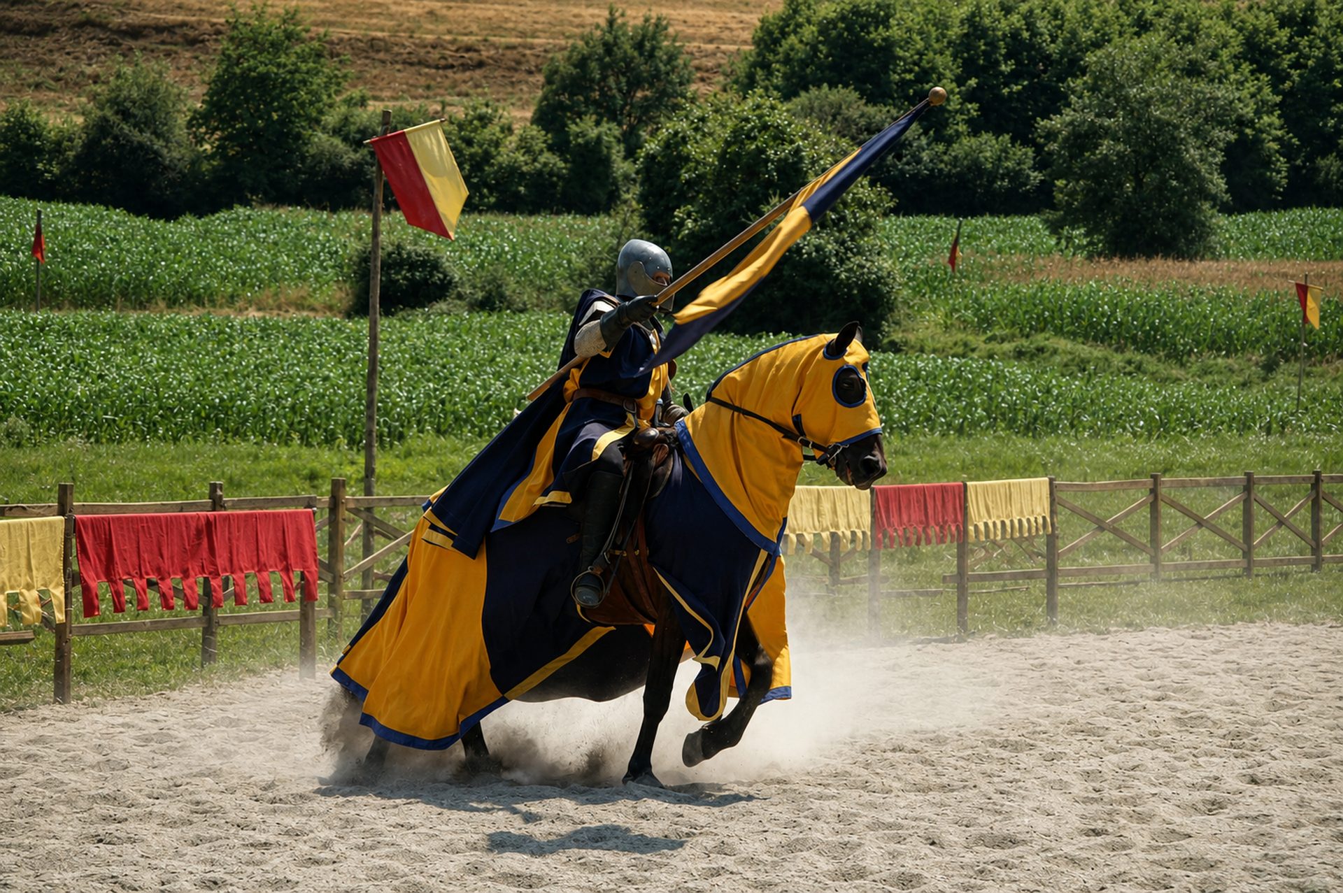 Chevalier jaune et bleu maintenant sa bannière tandis que son cheval vire dans la poussière