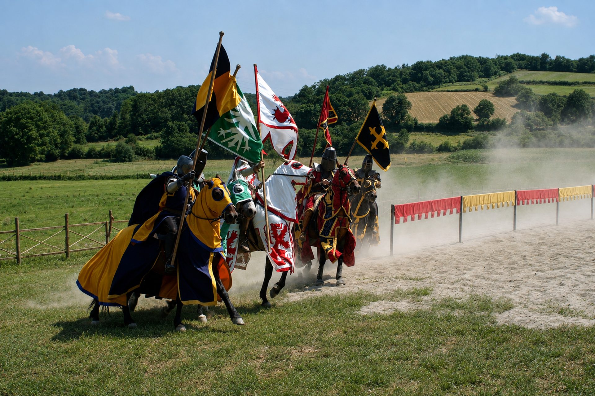 Cinq chevaliers rassemblés sous leurs bannières dans la poussière