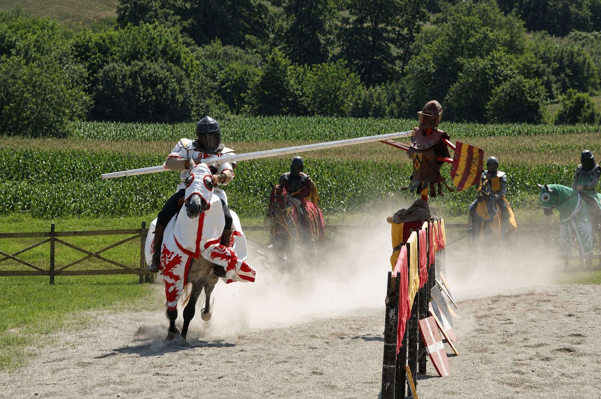 Chevalier blanc attaquant la quintaine à la lance dans un nuage de poussière
