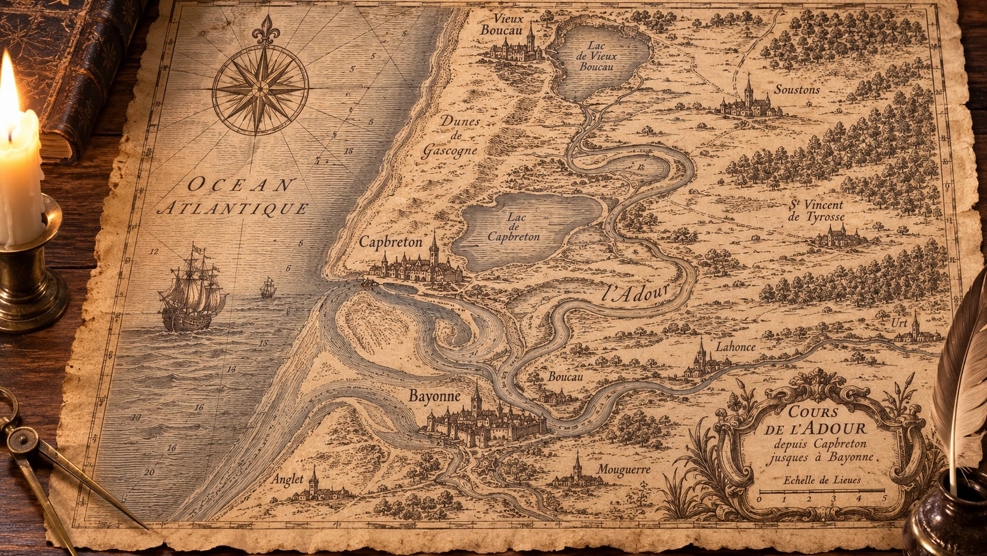 Carte ancienne représentant les anciens lits et embouchures de l’Adour