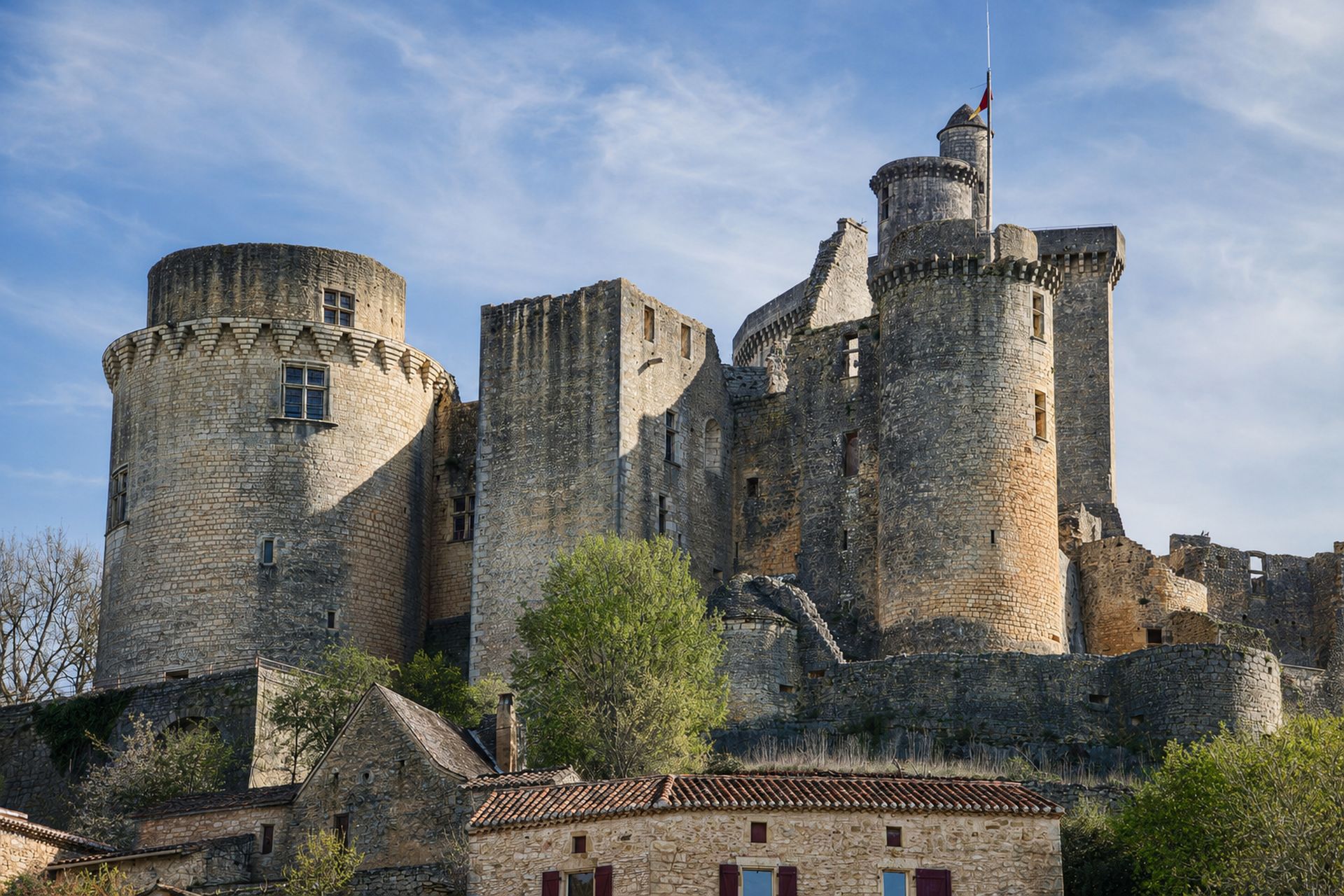 Vue monumentale du château de Bonaguil et de ses puissantes fortifications