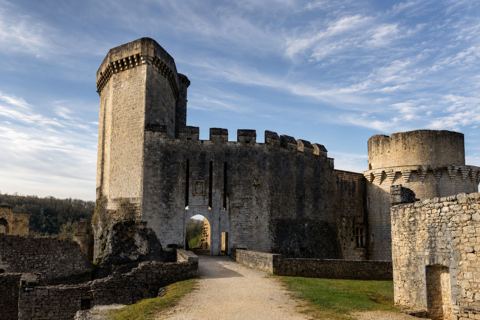 L’entrée monumentale du château de Bonaguil entre les tours