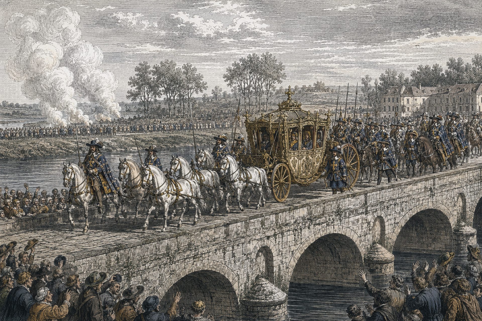Reconstitution gravée du cortège royal de Louis XIV traversant la Gascogne en 1660