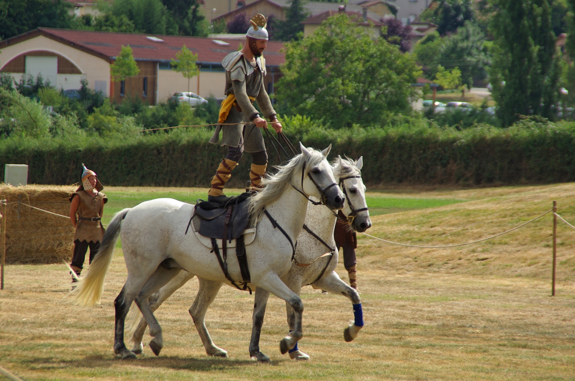 Debout sur deux chevaux, le cavalier transforme la course en prouesse.
