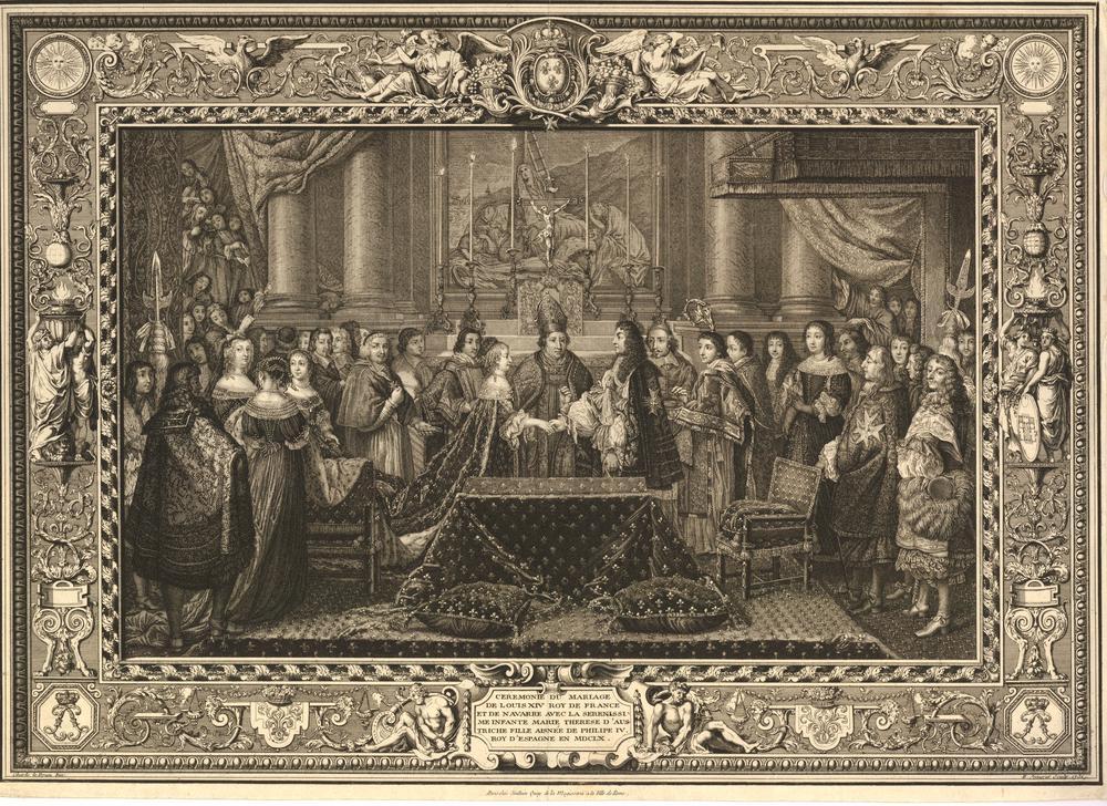 Gravure en noir et blanc relative au mariage de Louis XIV et au passage de la cour