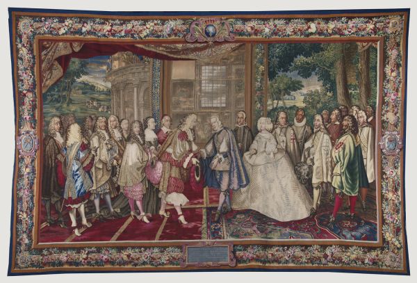 Gravure en couleur évoquant le voyage nuptial de Louis XIV vers la frontière basque
