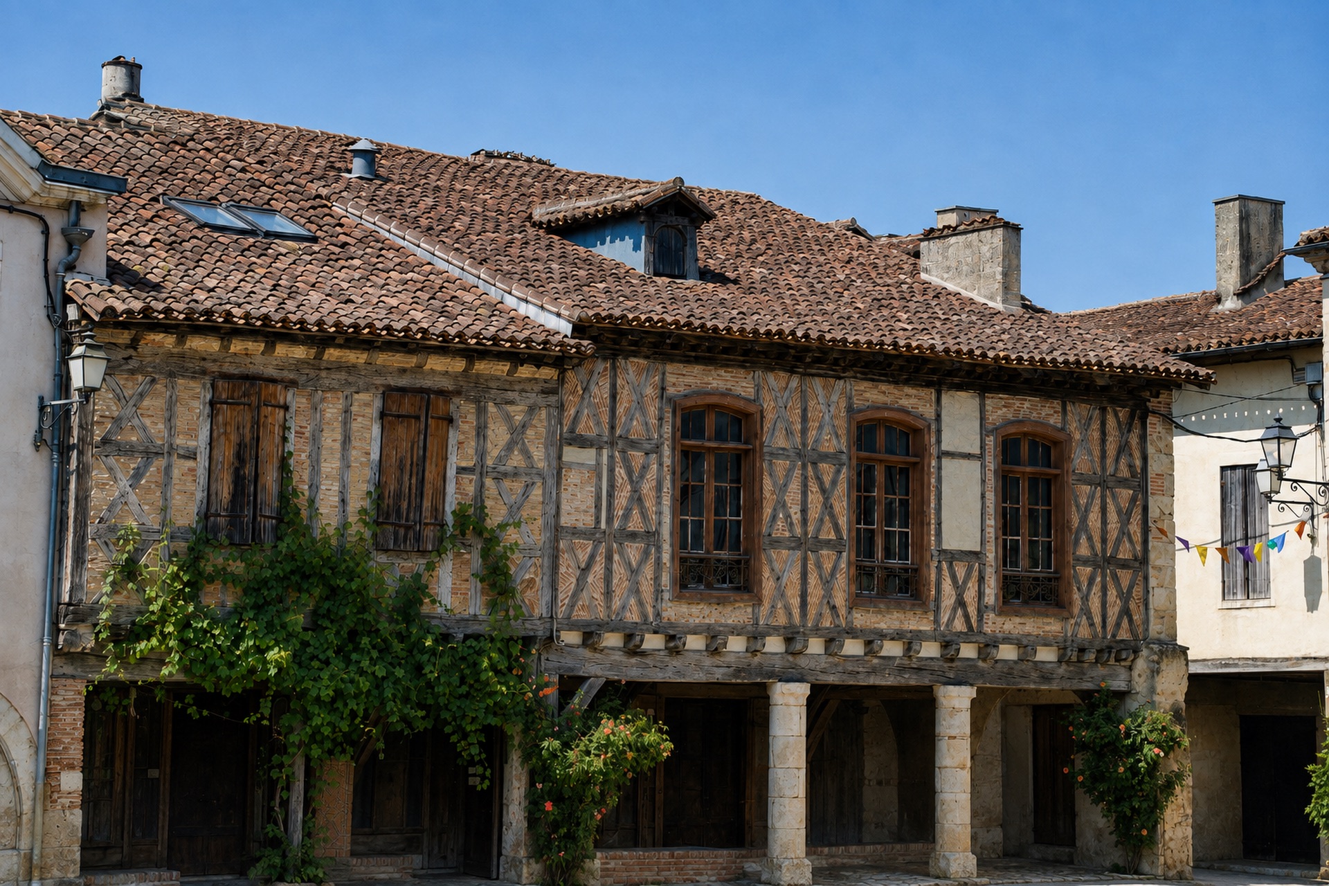 Façade ancienne à colombages de Labastide-d’Armagnac