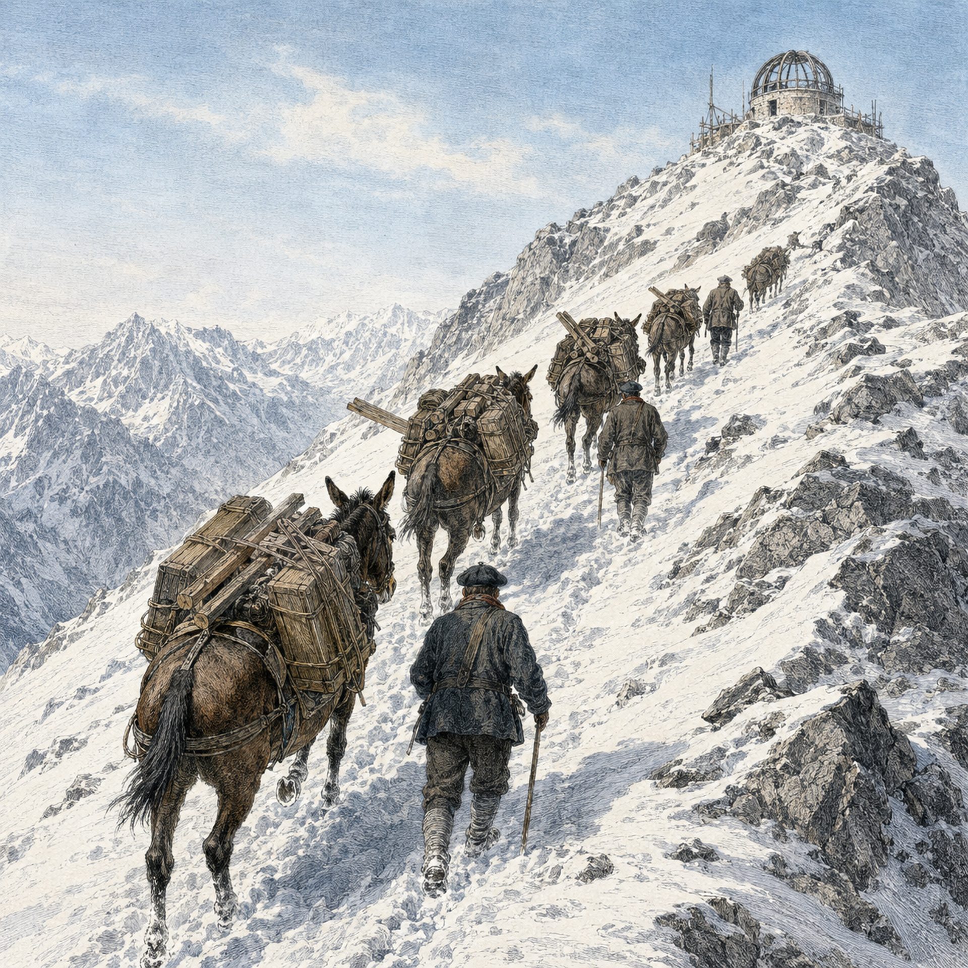 Reconstitution d’une caravane de mulets chargés gravissant un sentier enneigé vers l’observatoire