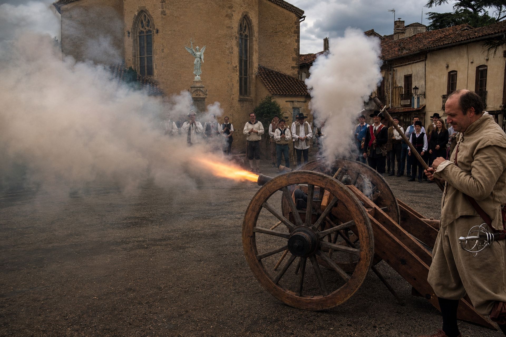 Tir d'un canon historique sur la place de Lupiac
