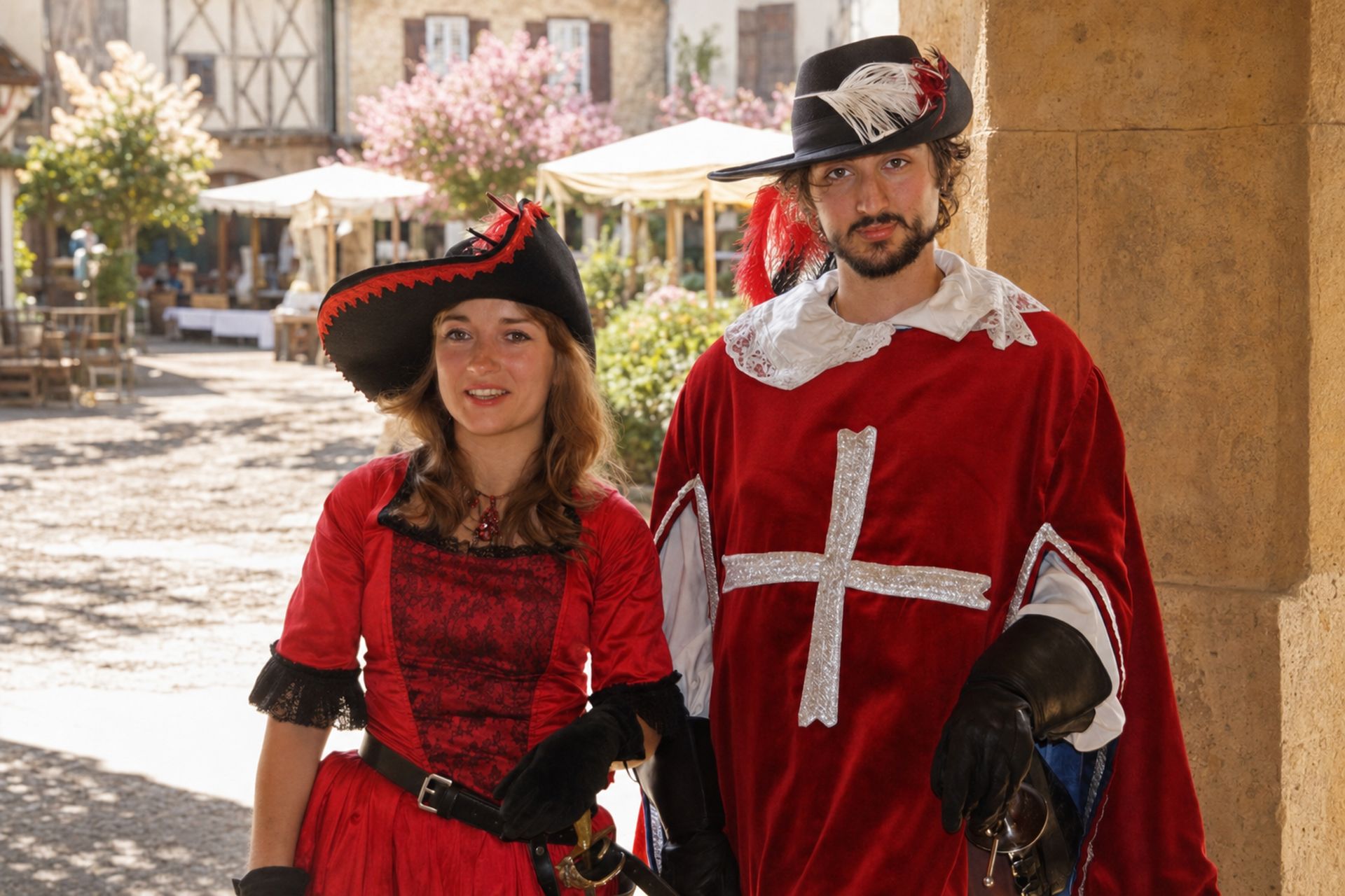Couple en costumes rouges sous les arcades de Lupiac