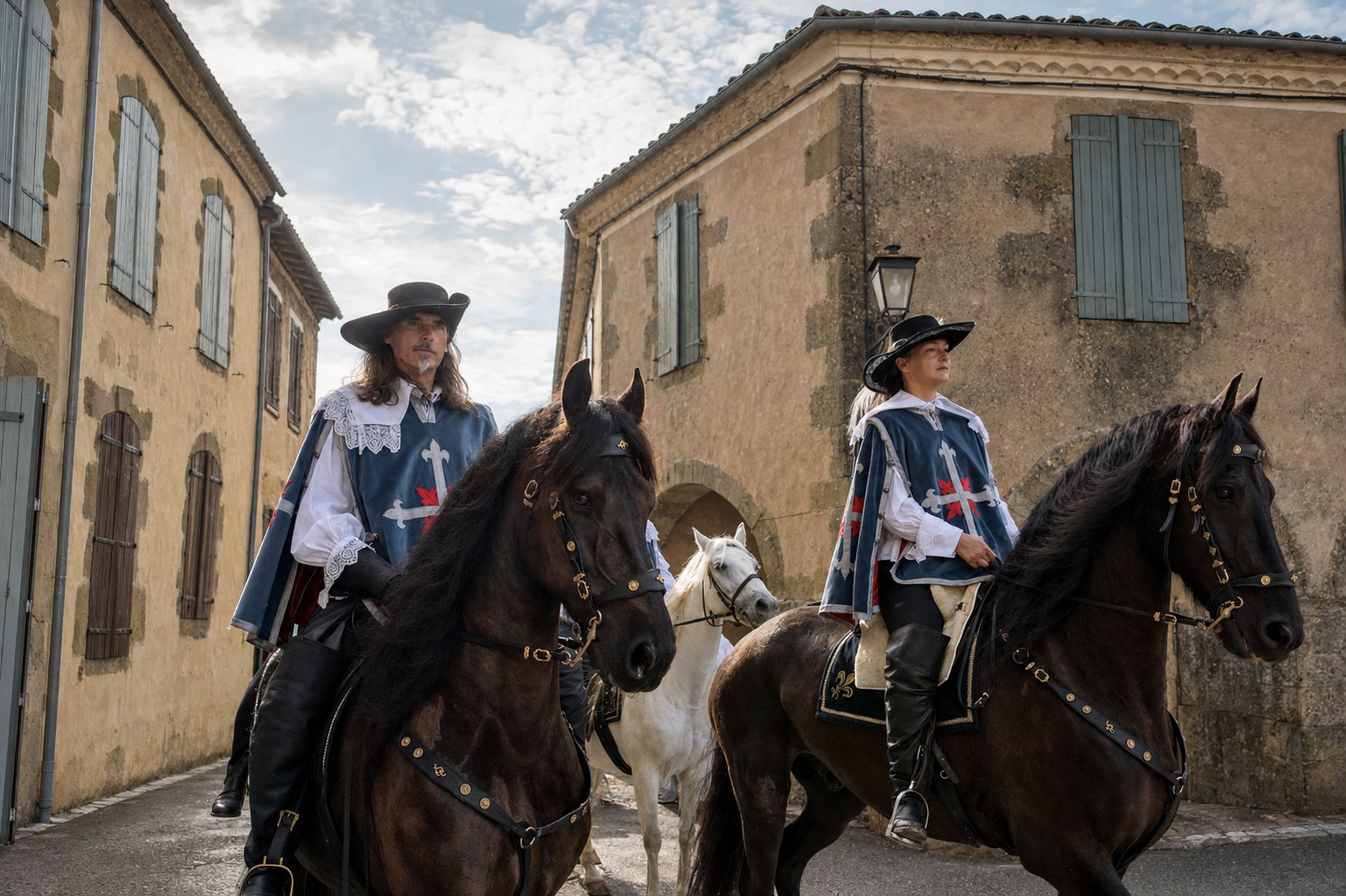 Mousquetaires à cheval dans une rue ancienne