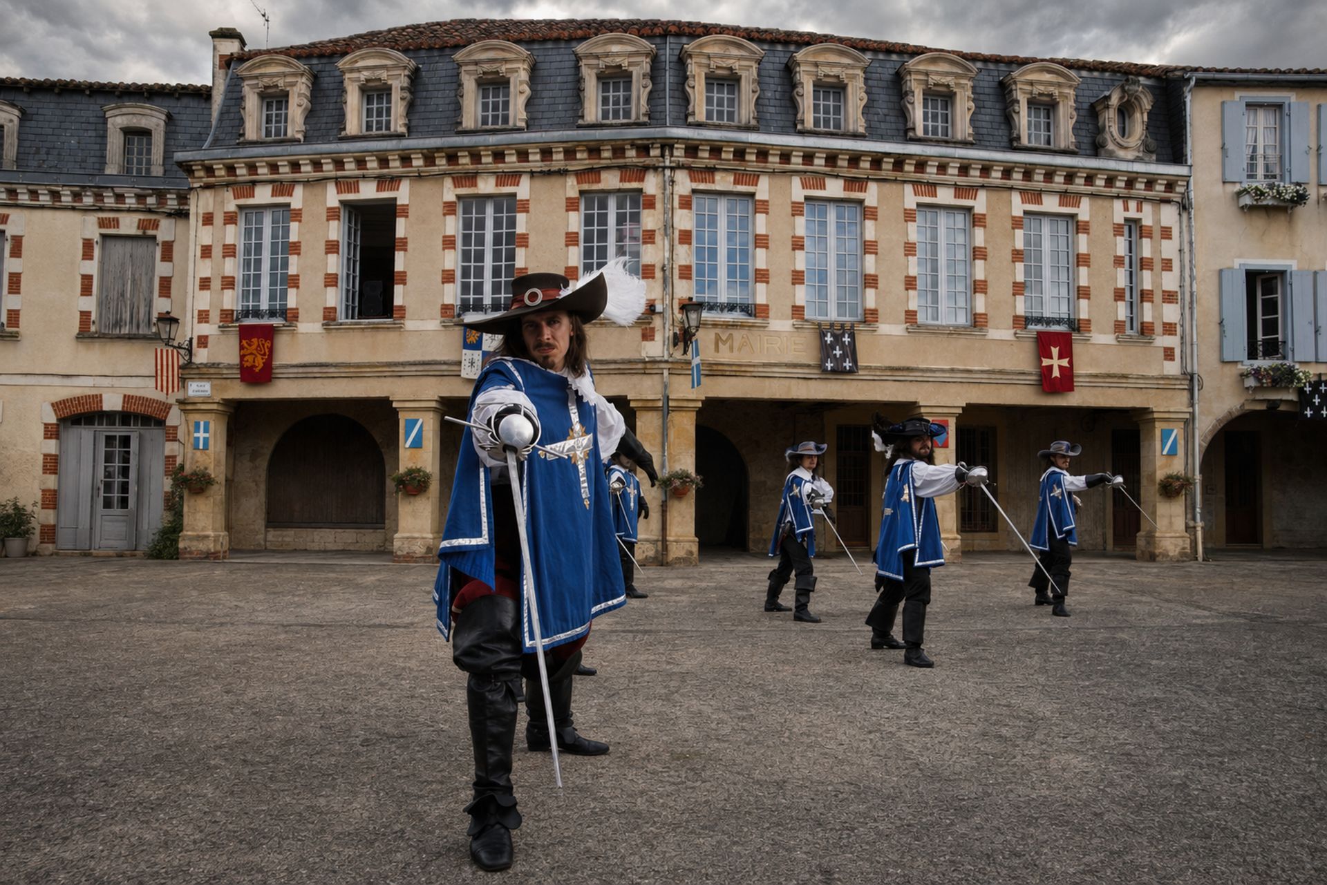 Mousquetaires en formation devant la mairie de Lupiac