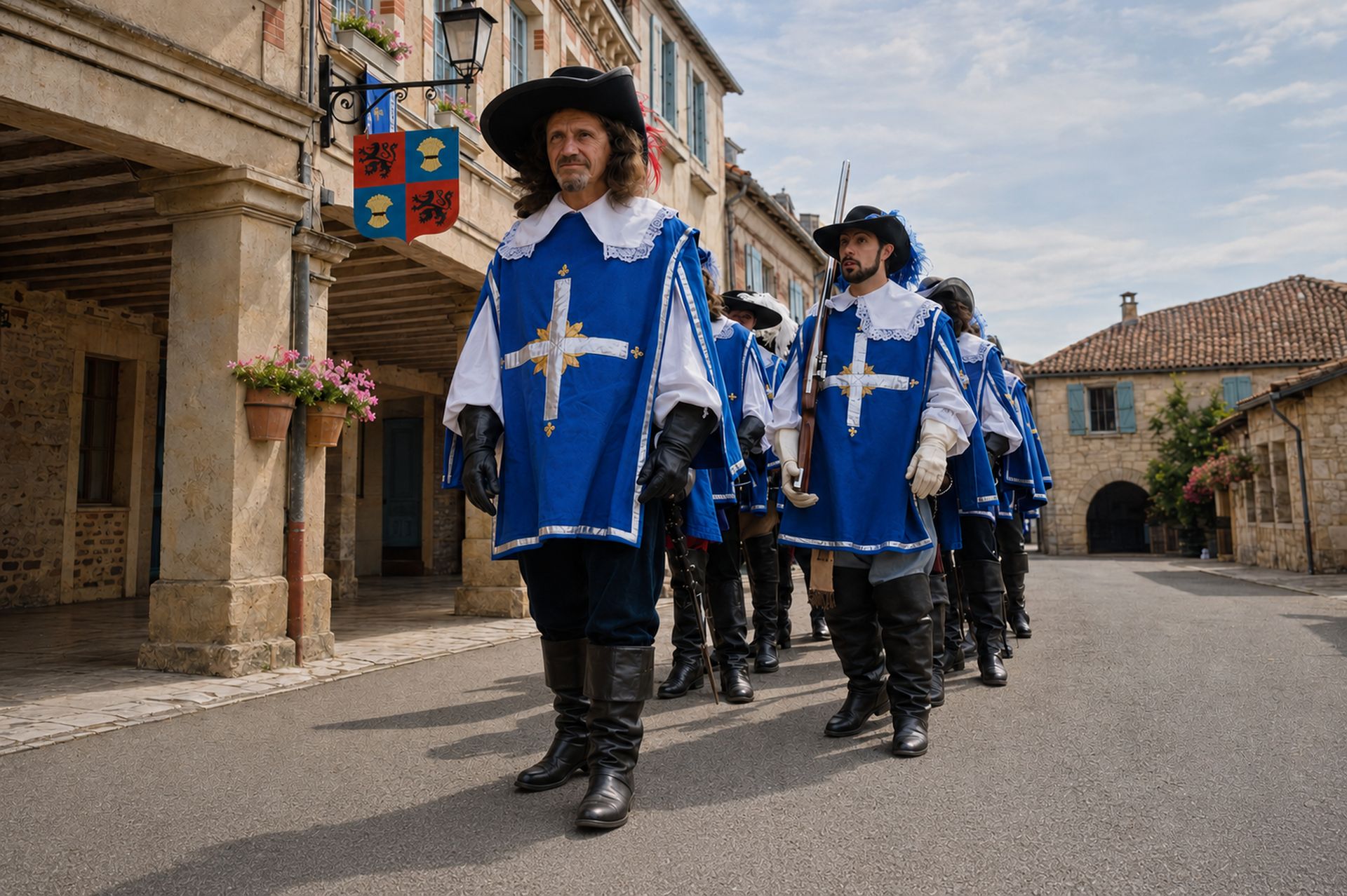 Mousquetaires marchant sous les armoiries de Lupiac